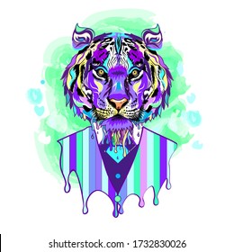 Tiger Head Businessman Engraving Vector Illustration. Pop Art Stile. Dripping Paint Portrait. Tiger In A Suit