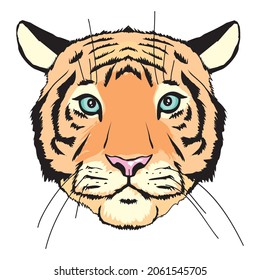 Tiger head. Cartoon front face of aggressive king of beasts, symbols of hunting trophy, vector illustration of majestic jungle animal isolated on white background