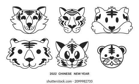 Tiger head cartoon Lind set in Year of the tiger and asian elements , 2022 Chinese New Year  for online content in the new year 2022 , illustration Vector EPS 10