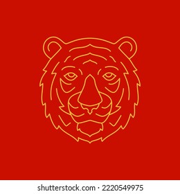 Tiger Head Chinese New Year Mascot Minimalist Golden Line Icon Vector Illustration. Carnivorous Wild Animal Muzzle Portrait Asian Horoscope Prosperity Symbol Oriental Astrology Zodiac Logo Design