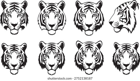 Tiger head collection vector silhouette set for mascot logo design wildlife predator face illustrations tiger profile sketches for tattoo art and sport branding elements wild cat portraits