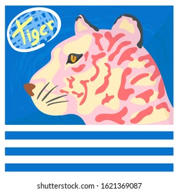 Tiger head colo pink ,vector illustration, on white Pattern stripe background.