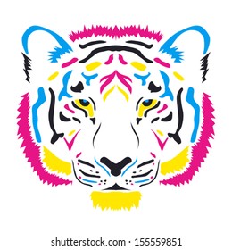 Tiger head colored cmyk colors - vector illustration, on white background