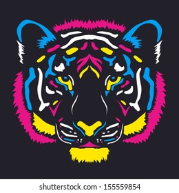 Tiger head colored cmyk ?olors - vector illustration, on dark background