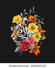 tiger head in colorful flower wreath vector illustration on black background