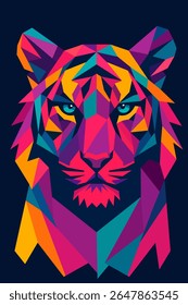 Tiger head with colorful geometric pattern on dark background. Abstract vector illustration.