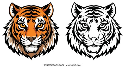 Tiger Head Coloring Page For Kids Printable. Tiger Head Cartoon Illustration Vector Design On White Background