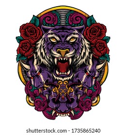 tiger head in combination of artistic Japanese evil masks illustration