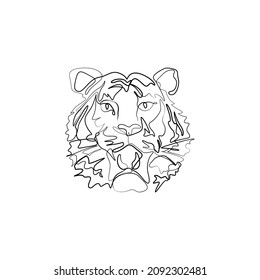 Tiger head, continuous line drawing, Chinese New Year, isolated vector illustration, tattoo, print and logo design, silhouette single line on white background, vector line art.
