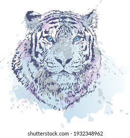 
Tiger head, contour graphics on an abstract background of imitation of a watercolor texture. Vector illustration.
