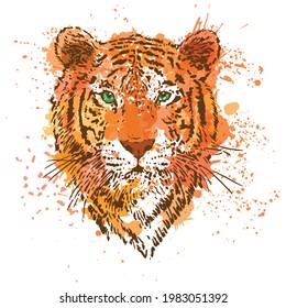 
Tiger head, contour graphics on an abstract background of imitation of a watercolor texture. Vector illustration.
