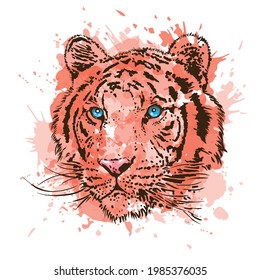 Tiger head, contour graphics on an abstract background of imitation of a watercolor texture. Vector illustration.
