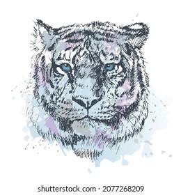 
Tiger head, contour graphics on an abstract background of imitation of a watercolor texture. Vector illustration.
