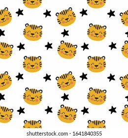 Tiger head with crown, geometric seamless pattern in scandinavian style on a white background with stars, vector. For printing on textiles, clothes, wallpaper in the nursery. Cute background for kids.