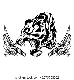 tiger head with dagger black and white design