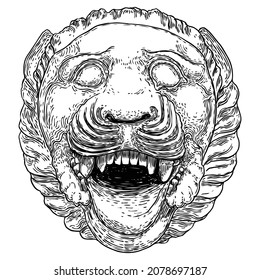 Tiger head decorative, roaring, cat face for emblems, badges or labels. Portrait of tiger growl isolated on white background. Vector.