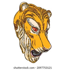 Tiger head decorative, roaring, cat face for emblems, badges or labels. Portrait of tiger growl isolated on white background. Vector.