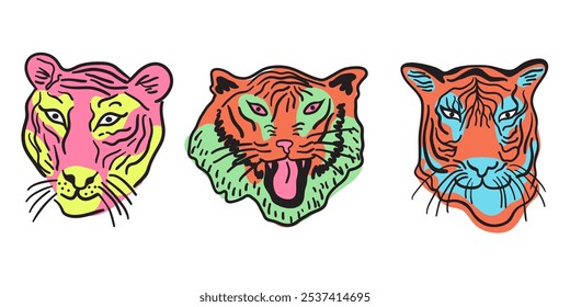 tiger head in doodle style in vector. element for decor postcard design print sticker animation poster background