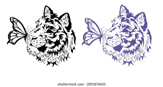 Tiger head drawing. Isolate on a white background. Vector illustration. Sketch for a tattoo.