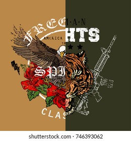 Tiger head with eagle. Freedom Boston slogan. Typography graphic print, fashion drawing for t-shirts .Vector stickers,print, patches vintage rock style
