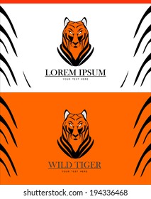 Tiger head, elegant tiger head. A set of bold tiger head :  orange & black over the white background, and white lines over black background.