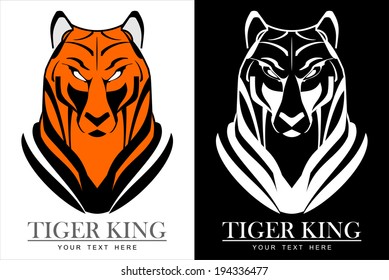 Tiger head, elegant tiger head. A set of bold tiger head :  orange & black over the white background, and white lines over black background.