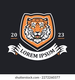 Tiger head emblem illustration template. Big cat shield mascot logo. Can be used for badges, banners, or merch.