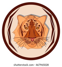 Tiger head (face) against the background of the circle with brown corners