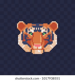 Tiger head face pixel art icon isolated vector illustration. African, indian animal. Element design for stickers, logo, embroidery, mobile app.