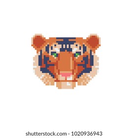 Tiger head face pixel art icon isolated on white background vector illustration. African, indian animal. Element design for stickers, logo, embroidery, mobile app.