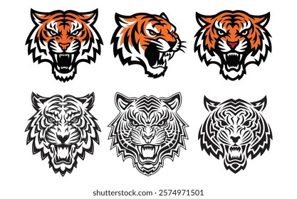 Tiger head, Tiger face vector, Tiger,  vector illustration of a fierce and roaring tiger head with bold, vibrant colors