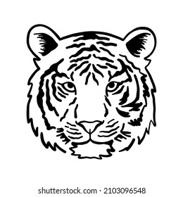 Tiger head. Tiger face. Vector outline illustration isolated on white background. Simbol of 2022 year