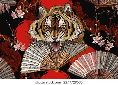 Tiger head, fan, rising red sun and sakura flowers. Japan art. Asian horizontal seamless pattern. Japanese and Chinese style. Ethnic template for clothes. Fashion oriental art