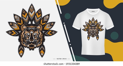 Tiger head with feathers. Ready print for printing. Vector 
