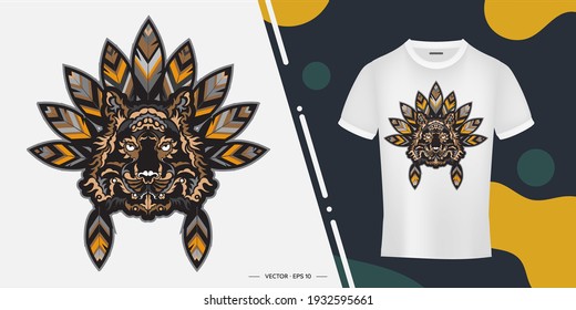 Tiger head with feathers. Ready-to-use print for t-shirts, cups and phone cases. Vector illustration.