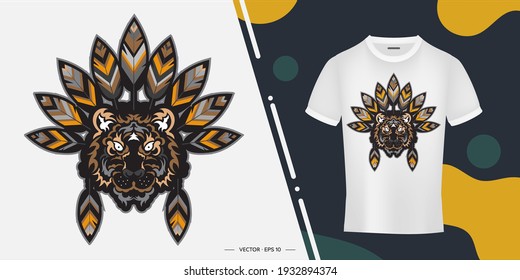 Tiger head with feathers. Ready-to-use print for t-shirts, cups and phone cases. Vector