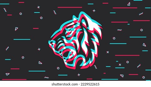 Tiger. Tiger head. Ferocious predator of the jungle. Big cat. Cat family. King of beasts.  Glitch background. Vector illustration