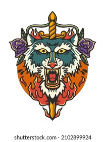 Tiger head and fire hand drawn illustration