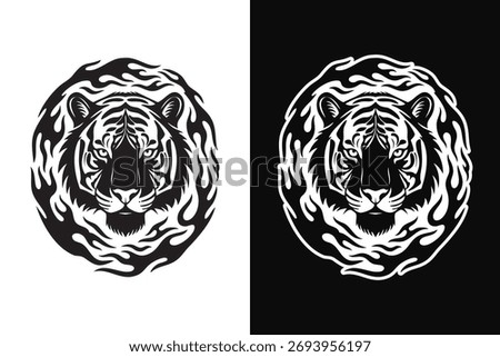 Tiger head with flame surrounded black and white tshirt design