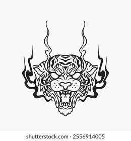 Tiger head with flames in a bold black-and-white illustration, featuring tribal-inspired details. Ideal for tattoo designs, t-shirt prints, or edgy graphic art