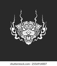 Tiger head with flames in a bold black-and-white illustration, featuring tribal-inspired details. Ideal for tattoo designs, t-shirt prints, or edgy graphic art