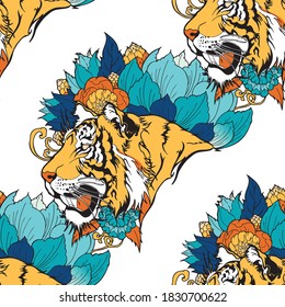 Tiger head with flower oriental Chinese illustration doodle coloring for printing seamless pattern vector with white background