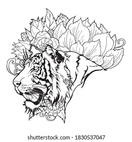 Tiger Head with Flower oriental chinses illustration doodle tattoo  style vector with white background 