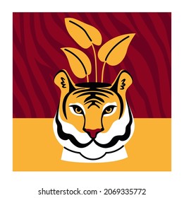 Tiger head flower plant pot. Wild animal. Symbol of chinese new year. Hand drawn vector flat illustration.