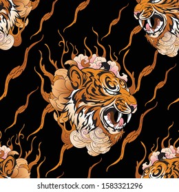 tiger head with flower and tiger texture design with oriental Japanese tattoo style design for seamless pattern vector with golden tone and black background 