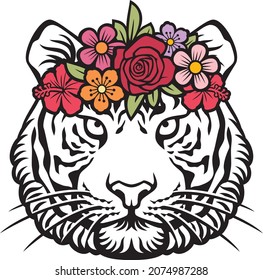 Tiger head with flowers vector illustration