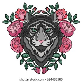 Tiger head and flowers. Vector tiger for tattoo, logo, t-shirt or poster. Vector illustrations.