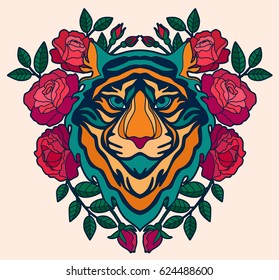 Tiger head and flowers. Vector tiger for tattoo, logo, t-shirt or poster. Vector illustrations.