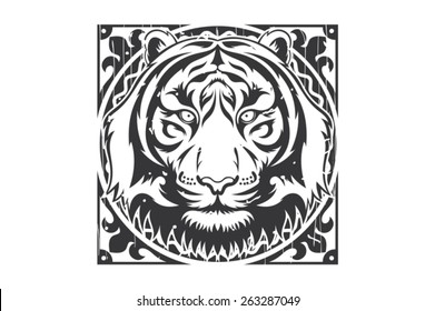 Tiger Head with Frame vintage vector iollustration black in white background