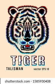 The tiger head front view. colorful outline pen detailed drawing. Contour vector for tattoo, print tee shirt isolated on a background.